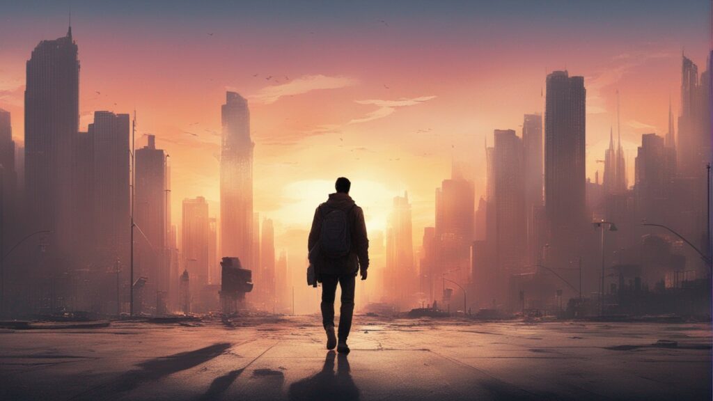 Man walking city sunrise